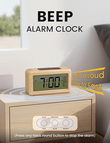 aboveClock Digital Alarm Clock, Wooden Bedside Clock with Large LCD Backlit Display, Temperature, Snooze Function, Brightness Sensor, 3 AAA Battery Operated【Battery NOT Included】 thumbnail 4