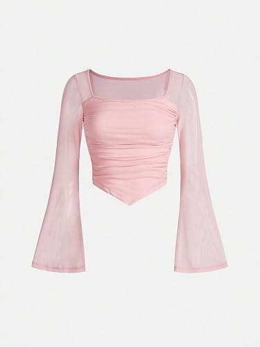 Floerns Girls Bell Long Sleeve Square Neck Asymmetrical Hem Mesh Ruched Crop Tops Tees thumbnail 5