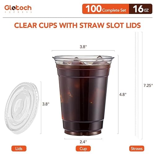 Glotoch Express Plastic Cups with Lids and Straws [100 Sets - 16oz] Disposable Clear Crystal Plastic Coffee Cups with Lids, BPA Free Small To Go Cold Cup for Cold Drinks, Milkshake, Juice, Party thumbnail 3