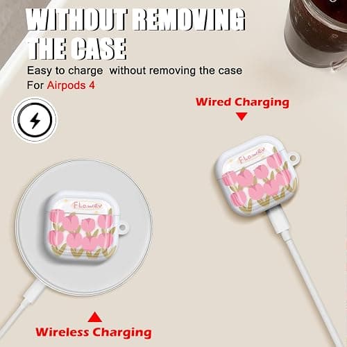 CameCosy Case Compatible for Airpods 4 Generation 2024 with Pendant, Cute Flower Cover with Pink Tulips Pattern for Girls Women, Protective Case in Shockproof Anti-Scratch Anti-Slip Anti-dust TPU thumbnail 2