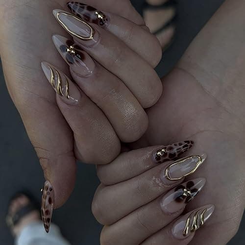 LPOODDNU Brown Almond Press on Nails - Medium Leopard Fake Nails with 3D Gold&Flower Designs, Glossy Finished Reusable False Nails with Double Adhesive Glue Tabs - 24Pcs Nail Kit for Women Manicure - Image 1