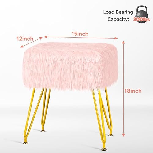 MOOWIND Vanity Stool Chair with Storage, Soft Ottoman Seat Vanity Stool with Anti-Slip Feet, Fluffy Padded Seat Multifunctional Footrest Side Table with 4 Metal Legs for Makeup, Bedroom, Pink thumbnail 3