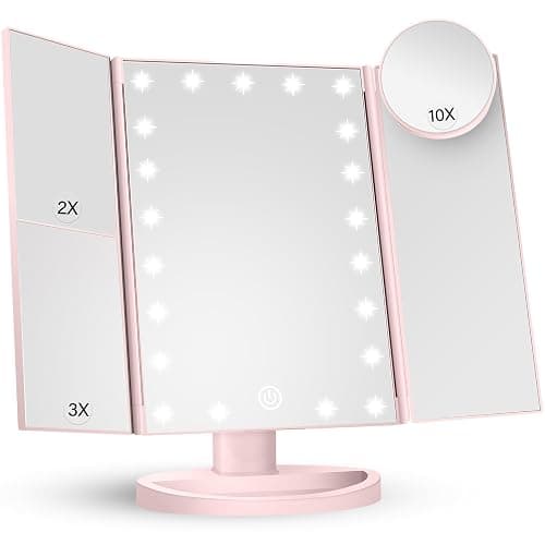 HUONUL Makeup Mirror Vanity Mirror with Lights, 2X 3X 10X Magnification, Lighted Makeup Mirror, Touch Control, Trifold Makeup Mirror, Dual Power Supply, Portable LED Makeup Mirror, Women Gift (Pink) - Image 1