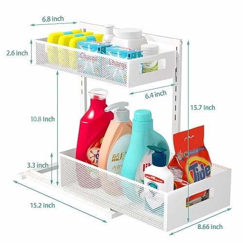 Petiza Under Sink Organizer Adjustable Height 2 Tier Bathroom Organizer Pull Out Cabinet Organer kitchen organizers and storage fridge organizers and storage,White,XL-1 Pack thumbnail 7