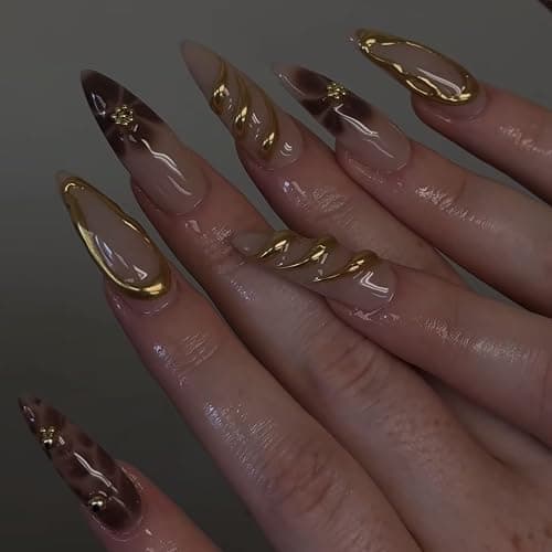 LPOODDNU Brown Almond Press on Nails - Medium Leopard Fake Nails with 3D Gold&Flower Designs, Glossy Finished Reusable False Nails with Double Adhesive Glue Tabs - 24Pcs Nail Kit for Women Manicure thumbnail 3