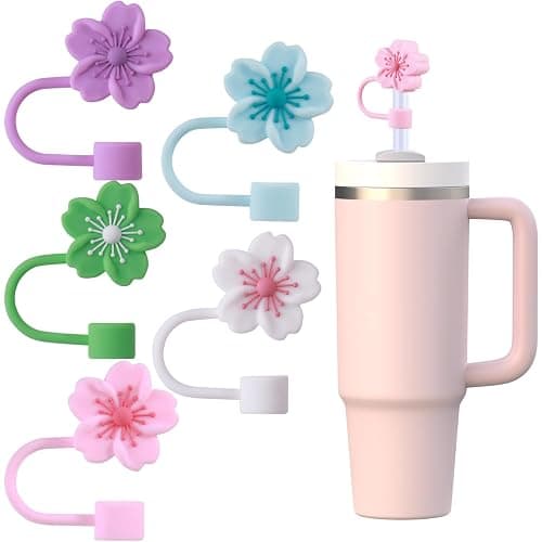 GLAMFIELDS Straw Covers Cap for Stanley Cup 30-40 oz, Toppers for Tumblers With Handle 10mm 0.4in Silicone Accessories, Dust-Proof Protectors, Cherry Blossom 5 Pack - Image 1