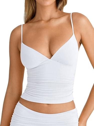 PINKMSTYLE Women's Sexy V Neck Ruched Cami Top Sleeveless Spaghetti Double Layer Fitted Crop Tank Tops - Image 1