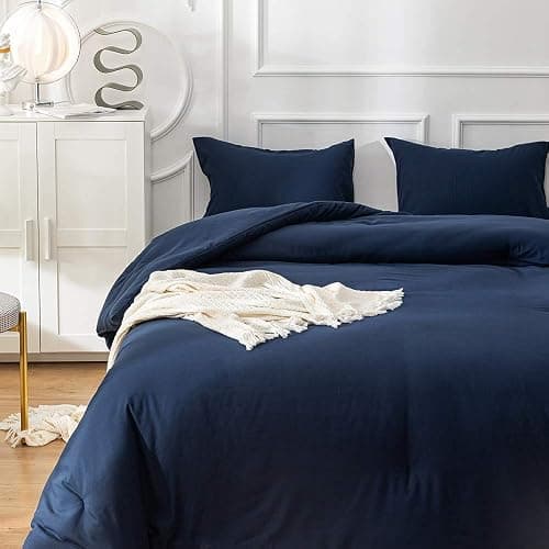 Cottonight Navy Blue Comforter Set Twin Men Boys Navy Bedding Set Dark Blue Comforter Set Breathable Soft Quilts Blanket Dark Color Modern Solid Color Pure Blue Bedding Sets for Twin Bed thumbnail 4