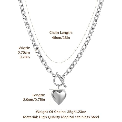 HZMAN Women Stainless Steel Multilayer Necklace Heart Pendant Dog Tag Pendant Chunky Cuban Chain Link Toggle Clasp Necklace thumbnail 5