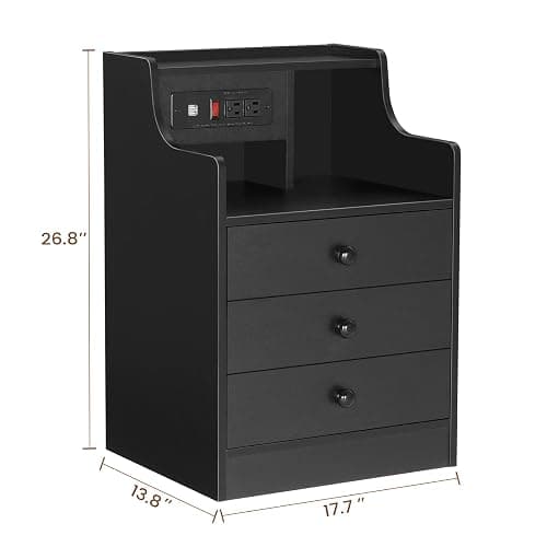 ADORNEVE Black Nightstand with Charging Station & Drawers | Night Stand for Bedroom,End Table with Hutch & 3 Storage Drawers thumbnail 2