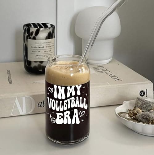 Mikopei Volleyball Gifts for Teen Girls - Cute Glass Cups with Lids and Straws, In My Volleyball Era Accessories Stuff Things Water Bottle for Women Team, Iced Coffee Cup, 16 oz Visit the Store thumbnail 5