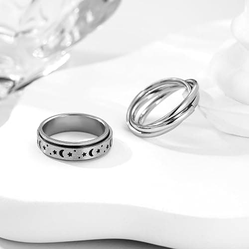 4 Pcs Fidget Anxiety Rings for Women Men Stainless Steel Fidget Spinner Moon Star Celtic Stress Relieving Spinning Wedding Band Rings Set Trendy and Stylish Jewelry thumbnail 2