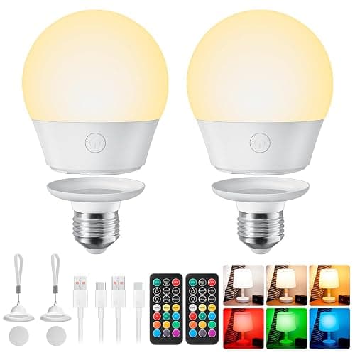 Brightown E26 Rechargeable Light Bulb with Remote and Timer, Battery Backup Bulb for Sconces and Lamps, Magnetic Bulbs for Non-Hardwired Fixture, 3 Color Temperatures + 9 RGB Colors, Dimmable, 2 Pack - Image 1