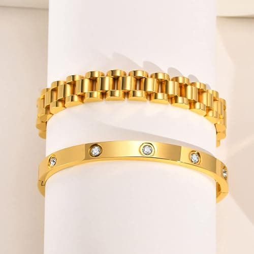 MPRAINBOW 2pcs 18K Gold Plated Chain Link Bracelet, Stainless Steel Crystal Friendship Bracelets Bangle,Watch Band Chains Wristband Jewelry with Adjust Tool thumbnail 4