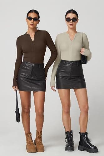 QINSEN Long Sleeve Shirts for Women V Neck Half Zipper Ribbed Knit Going Out Tops Full Length Basic Tee thumbnail 6