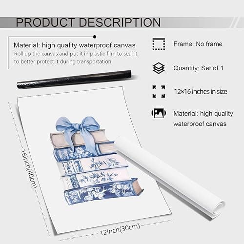 FuSatisYilife Coquette Bow Book Wall Art Blue and White Chinoiserie Flower Poster Fashion Minimalist Library Canvas Prints for Office Apartment Wall Decor 12X16 inch Unframed thumbnail 2