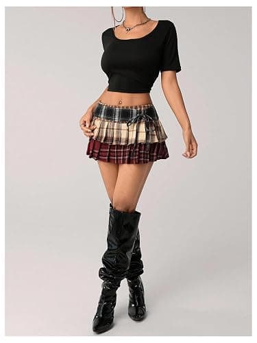 MakeMeChic Women's Plaid Skirts Y2k Low Waist Tie Front Pleated Ruffle Layered Mini Skirt thumbnail 5
