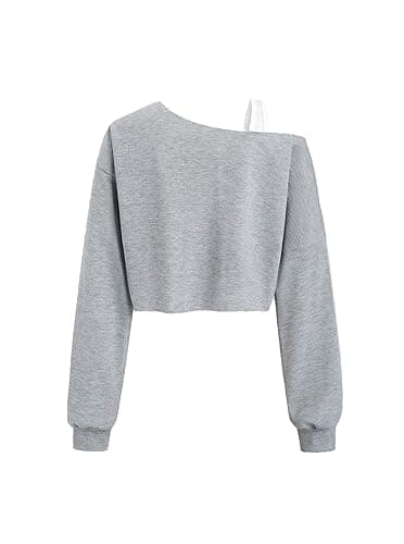 Remidoo Off The Shoulder Tops for Women Cropped Sweatshirt Long Sleeve Top Asymmetrical Patchwork Shirt - X-Small - Gray thumbnail 2