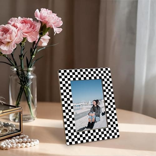 EDQAWN Black and White Checkered Picture Frame, Modern Geometric Pattern Frame for 4x6 Inches Photo, Display on Table Top Desk, Black and White Racing Flag Picture Frames thumbnail 4