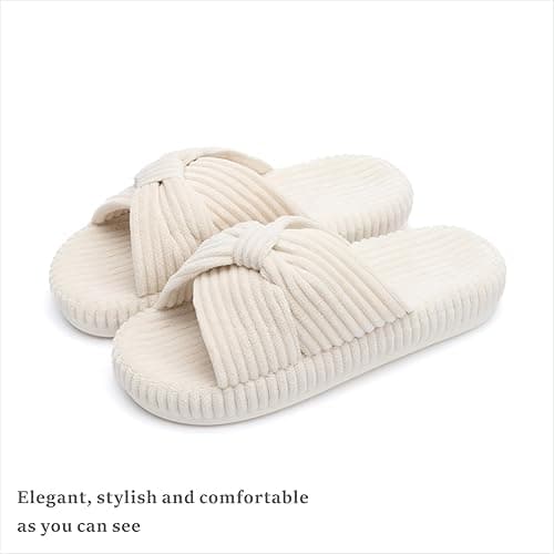 Chantomoo Slippers for Women Memory Foam House Bedroom Corduroy Bow Crossbands Slide Slipper Shoes Comfy Trendy Gift Slippers - 5-6 - Beige thumbnail 5