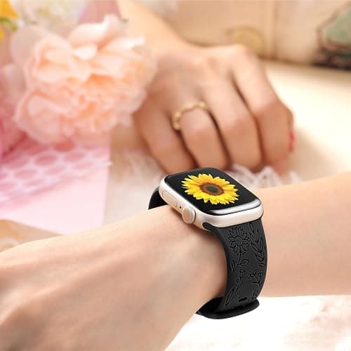 SNBLK 6 Pack Floral Engraved Bands Compatible with Apple Watch Bands 40mm 41mm 42mm 38mm 44mm 45mm 46mm 49mm Women Men, Silicone Flower Pattern Strap for iWatch Series 11 10 Se Ultra 9 8 7 6 5 4 3 2 1 thumbnail 6