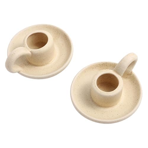 DOITOOL 2 Pcs Ceramic Candle Holder, Taper Candle Holder with Handle, Nordic Style Vintage Candlestick Holder for Halloween Christmas Home Decoration Desktop Ornament (Beige) - Image 1