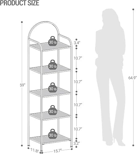 Hzuaneri Bookcase Bookshelf, Tempered Glass Bookshelves, Slim Shelving Unit for Bedroom, Bathroom, Home Office, Steel Frame, 5 Tier Gold BC05001G thumbnail 2
