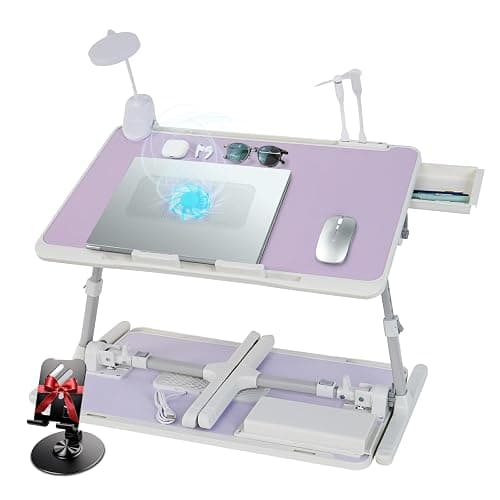 iXTRA Laptop Lap Desk Include Cooling Fan,Adjustable Lap Desk with Light Fan,Folding Laptop Desk for Bed with USB,Bed Desk with Storage Drawer 56x32cm,Purple - Image 1