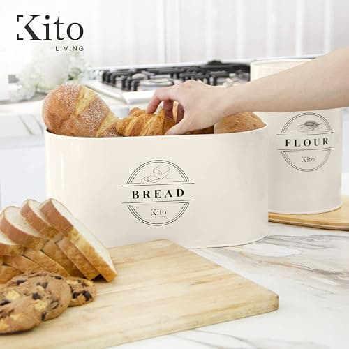 Kito LIVING Canisters Sets for Kitchen Counter Storage and Organization with Wooden Bamboo Lids, Food Pantry Containers, Stackable Steel Storage Bins, Airtight Bread and Flour Containers - Cream - Cream - Bread, Flour thumbnail 2