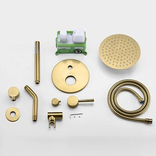 sumerain Brushed Gold Shower Faucet System with high pressure 8 Inches rain shower head and brass hand shower, Rough-In Valve Body and Trim Included - 2 Function - Brushed Gold thumbnail 6