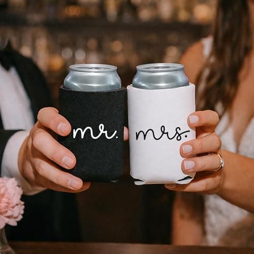 Pink Palm Co. Wedding Can Coolers Set of 2 – Foam Koozies for Bride and Groom, Wedding Toast, Engagement Gift, Honeymoon, Bridal Shower, Beverage Insulators | Mr. & Mrs. thumbnail 2