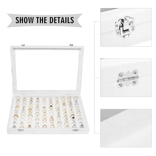 Siveit Velvet Ring Display Tray Organizer Box with Transparent Lid, 100 Slot Ring Holder Showcase For Store Display Jewelry Show Home, Ring Organizer For Rings Earrings (Ivory) thumbnail 4