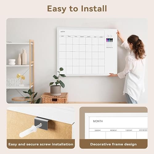 VUSIGN Magnetic Dry Erase Calendar White Board for Wall, 30"x20" Calendar Whiteboard, White Wood Style Frame, Includes 2 Magnets and 5 Markers thumbnail 6