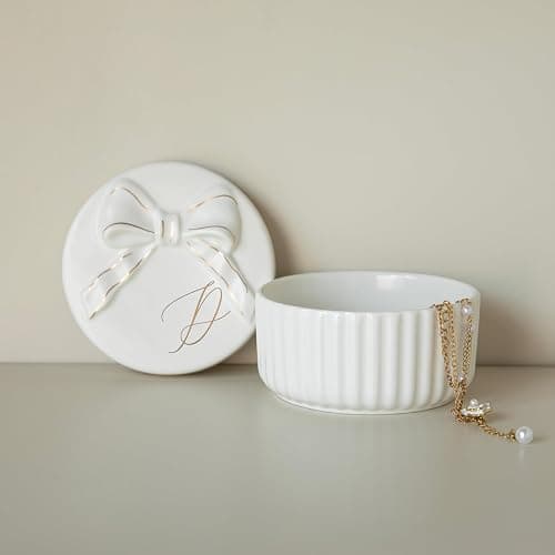 COLLECTIVE HOME Ceramic Jewelry Box with Bow, Nightstand Vanity Decor(D) | Jewelry Tray with Lid, Christmas Mother's Day Birthday Gifts for Women, Wedding, Bridal Shower, Bridesmaid Proposal Gifts - Image 1