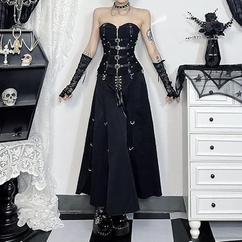 TSMNZMU Womens Gothic Pleated Maxi Skirt Punk Adjustable High Low Skirts Grunge Harajuku Clothes thumbnail 3