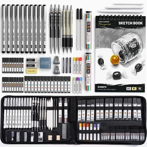 Four Candies 73PCS Advanced Art Supplies Drawing Kit with Fineliner Pens, Mechanical Pencils, 3-Color Sketchbook, Charcoal Sticks,Pastels for Sketching Drawing Comics Gifts for Professionals Artists - Image 1