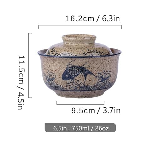 Ceraozmus Ceramic Ramen Bowl Set, 800ml, with Lid, Spoon and Chopsticks, Japanese Vintage Large Soup Bowls Instant Noodle Bowl Asian Tableware (Fish*1) thumbnail 3