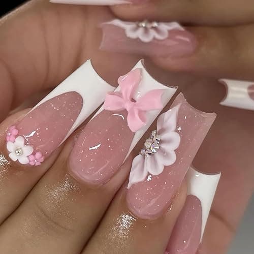 Jremg White French Tip Press on Nails Long Square Fake Nails with 3D Flowers Rhinestones Designs Glossy Cute Pink Bow Charms False Nails Reusable Nude Pink Full Cover Glue on Nails for Women 24Pcs thumbnail 3