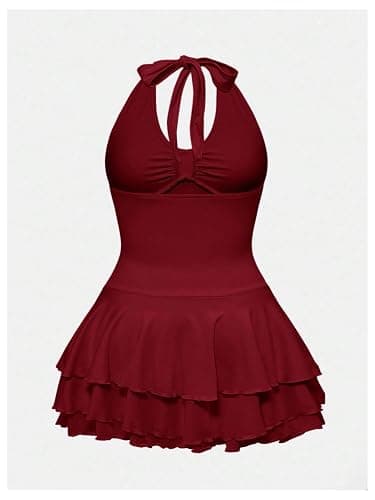 SHENHE Women's Plus Size Y2k Halter Tie Backless Ruched Layered Ruffle Grunge Punk Mini Dress thumbnail 2