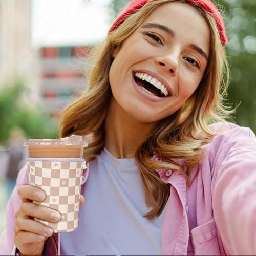 Reusable Insulated Neoprene Iced Coffee Cup Sleeve, Durable Drink Sleeve for Cold Beverages, Beverage Holder for Iced Coffee, Floral Checkers thumbnail 4