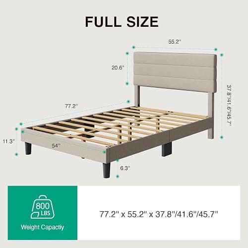 Novilla Full Size Bed Frame with Headboard, Full Bed Frame with Wooden Slats Support, Linen Upholstered Stripe Headboard, No Box Spring Needed, Heavy Duty Feet, Easy Assembly, Beige thumbnail 2