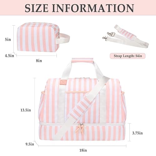Bosidu Stripe Weekender Overnight Bags for Women - 2Pcs Carry On Travel Duffle Bag with Shoe Compartment - Pink thumbnail 2