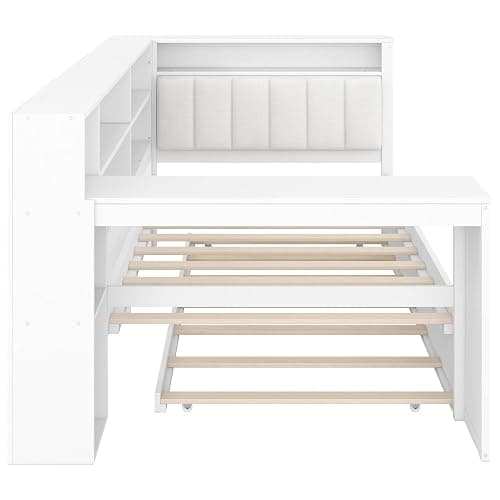Merax Multifunctional Twin Size Daybed with Trundle, Built-in Desk, Wood Corner Bed with 8 Storage Shelves, Charging Station, and Upholstered Headboard, Beige + White thumbnail 6