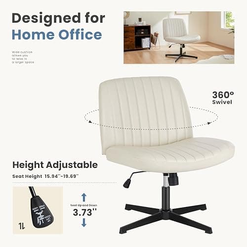 DUMOS Criss Cross Chair Legged Office Wide Comfy Desk Seat, No Wheels Armless Computer Task Seating, Swivel PU Leather Vanity Home Height Adjustable thumbnail 5