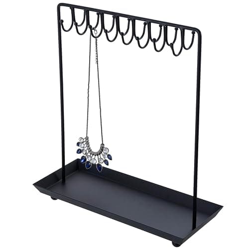 MyGift Black Metal Jewelry Stand for Women Jewelry Organizer Stand for Necklaces with 20 Hooks and Ring Tray Sturdy Necklace Pole thumbnail 6