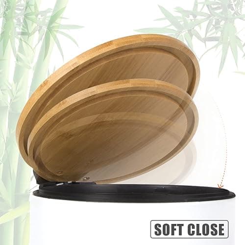 Trash Can with Bamboo Lid Soft Close, 3L Mini Pedal Bin, Round Garbage Can with Inner Bucket for Bathroom, Bedroom, Powder Room, Office, Desk, Car (White) thumbnail 4