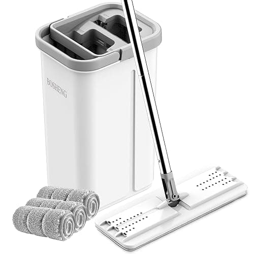 BOSHENG Mop and Bucket with Wringer Set, Hands Free Flat Floor Mop and Bucket, 3 Washable Microfiber Pads Included, Wet and Dry Use, Home Floor Cleaning System for All Floor Types and Windows - Image 1