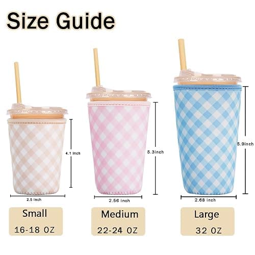 Reusable Insulated Sleeve for Iced Coffee Cup, 3-Pack Coffee Neoprene Drink Sleeve for Cold & Hot Drinks, Beverage Holder for Iced Coffee (Pastel Gingham Set) thumbnail 3