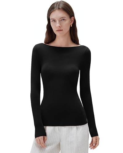 SUUKSESS Cloud Cashmere Women Boat Neck Fitted Long Sleeve Shirt Basic Knit Tops - Image 1