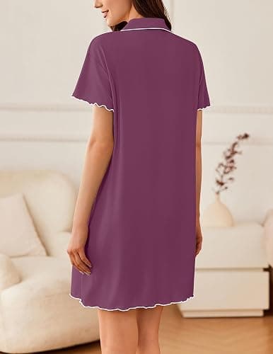 Ekouaer Nightgowns for Women Button Down Sleep Shirt Short Sleeve NightShirts Boyfriend Sleepdress Soft Pajama Dress thumbnail 4